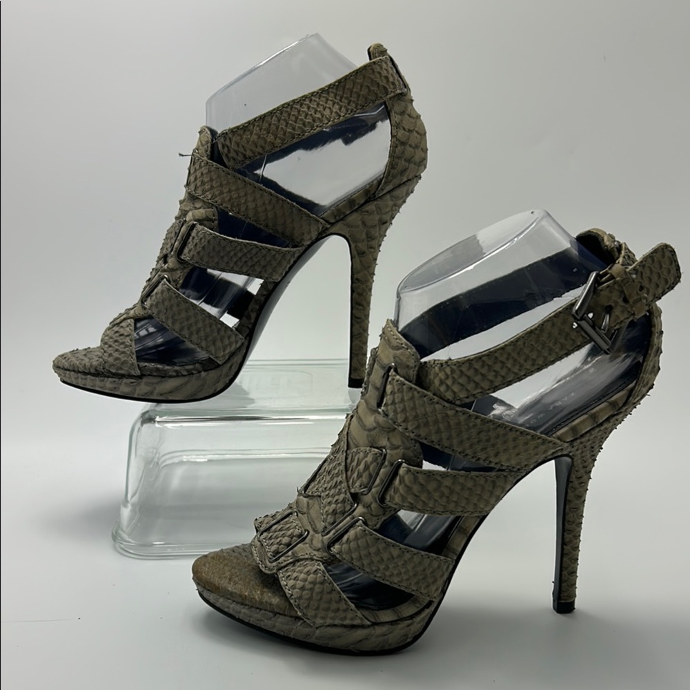 Zara Tan High Stiletto Heel Strappy Sandals 39 Beige Snakeskin Buckle Open Toe - Picture 5 of 16